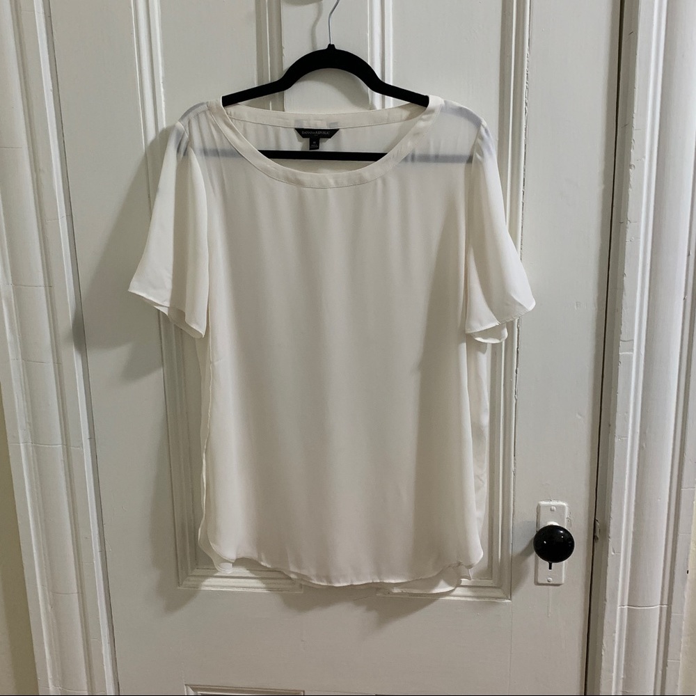Banana Republic White Short Sleeve High Low Hem Blouse, Women's Large